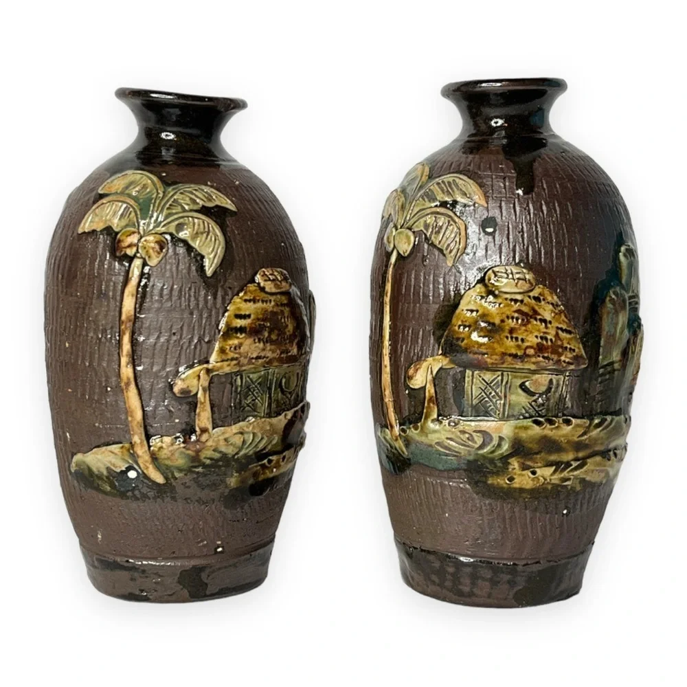 Asian Japanese Ceramic Art Pottery Vase Hut House Tree Decoration Brown Tan Pair